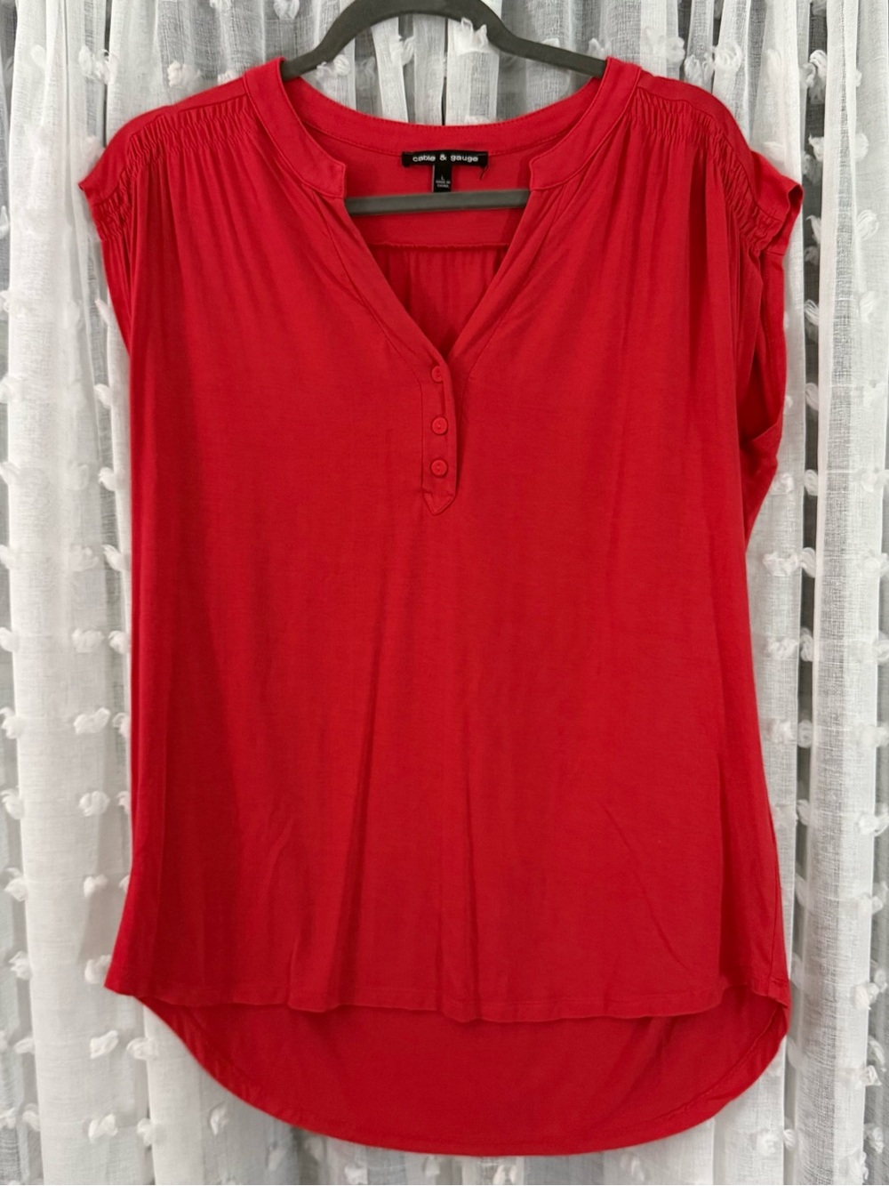 Cable & Gauge Coral Red Short Sleeve Button Top